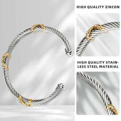 Twisted Cable Cuff Bracelets for Women 5mm Stainless Steel Cuff Bangle Bracelet Designer Inspired Jewelry Valentine Day Gift - color: C Silver & Gold