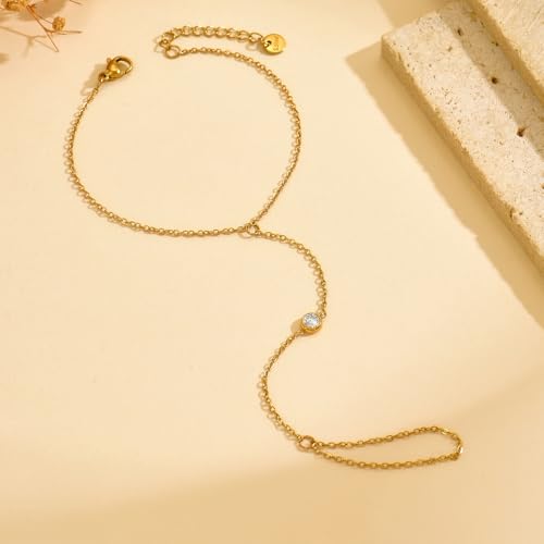 Dainty 18K Gold Plated Tiny Bracelets with Finger Ring for Women | Waterproof Hypoallergenic Adjustable Hand Harness Chain Jewelry - color: Single CZ-GD
