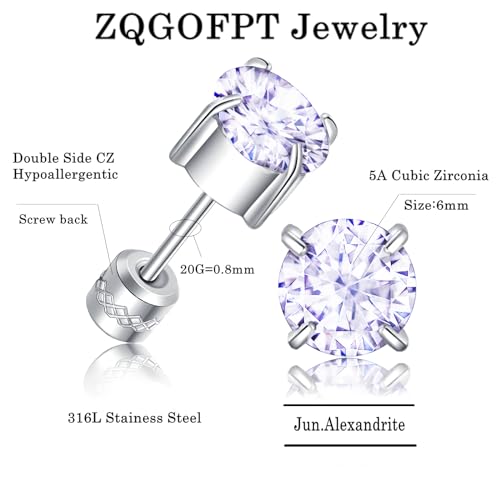 Titanium Flat Back Surgical Stainless Steel Stud Earrings for Women Men,Birthstone Stud Earrings Hypoallergenic Double Side 5A Cubic Zirconia Studs Jewelry 6mm - color: June (Alexandrite)
