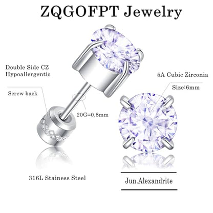 Titanium Flat Back Surgical Stainless Steel Stud Earrings for Women Men,Birthstone Stud Earrings Hypoallergenic Double Side 5A Cubic Zirconia Studs Jewelry 6mm - color: June (Alexandrite)