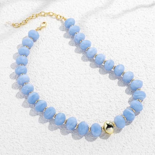 Chunky Beaded Necklace for Women Trendy Multicolor Resin Beads Choker Necklaces Boho Summer Statement Necklace Chunky Heart Jewelry - color: Irregular bead necklace-blue