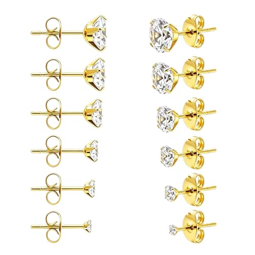 6/12 Pairs Silver Gold Stud Earrings Set for Women Men Cubic Zirconia 316L | Hypoallergenic, 14K Gold Plated Surgical Stainless Steel, 2 3 4 5 6 7 mm CZ Jewelry, Lightweight, Multiple Piercing - color: Gold/6 Pair