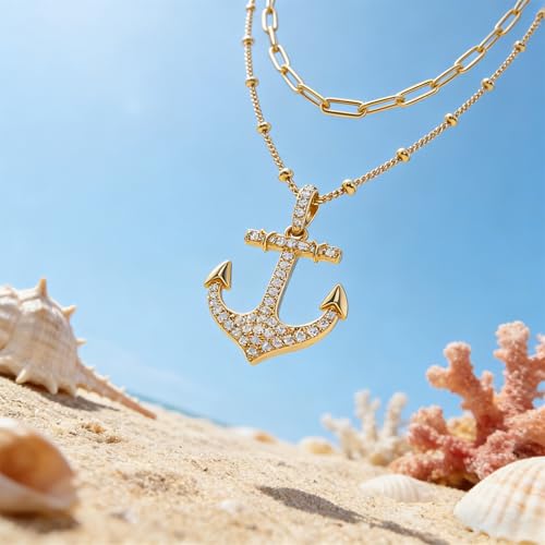 MEVECCO Dainty Pendant Layered Necklaces for Women | 18K Gold Plated Brass, 2-Piece Set With A Choker-Length Upper Layer, Wear Together Or Separately, Refined Everyday Style - style: Layer Anchor