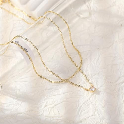 Layered Gold Necklace Set for Women Dainty Waterproof Cute Choker | 14K Gold Plated Minimalist Non Tarnish Lightweight CZ Pendant Pearl Twist Paperclip Chain Jewelry Gifts - style: 2PCS-Dotchain zircon-GD