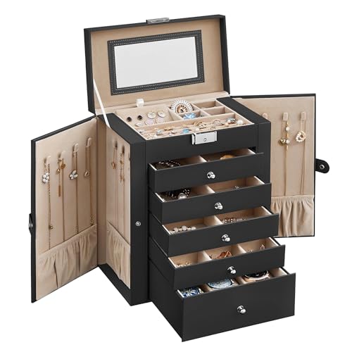 SONGMICS Jewelry Box Organizer, 6-Layer with 5 Drawers, Black | Jewelry Storage Case with Lock and Mirror, Large Storage Capacity, for Necklaces, Watches, Gift for Loved Ones UJBC152B01 - color: Black, size: 6 Tier