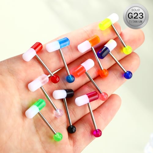 Melighting 10pcs Titanium Pill Tongue Ring 14G Titanium G23 Pill Tongue Piercing Jewelry Uv Shaped 14mm Tongue Barbell with Colorful Ball Tongue Jewelry for Women