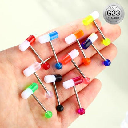Melighting 10pcs Titanium Pill Tongue Ring 14G Titanium G23 Pill Tongue Piercing Jewelry Uv Shaped 14mm Tongue Barbell with Colorful Ball Tongue Jewelry for Women