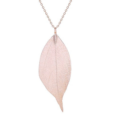 Filigree Long Leaf Pendant Dangle Necklace and Earring Jewelry Set | Beautiful Fashion Delicate Long Leaf Necklace Earrings For Women Trendy Boho - color: G-Rose Gold Necklace