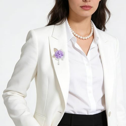 Handmade Elegant Red Rose Flower Brooch Pin for Women Crystal Pearl Fabric Flower Lapel Pin Dress Suit Accessories - color: Purple B