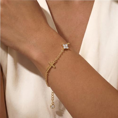 Bracelets for Women, Dainty Gold Silver Ring Bracelet Hand Chain | Cubic Zirconia Pearl Charms, 14K Gold Plated, Adjustable Fit, Trendy Stackable Link Chain, Waterproof Jewelry, Gift for Her - color: Gold-cross+clover charm bracelet