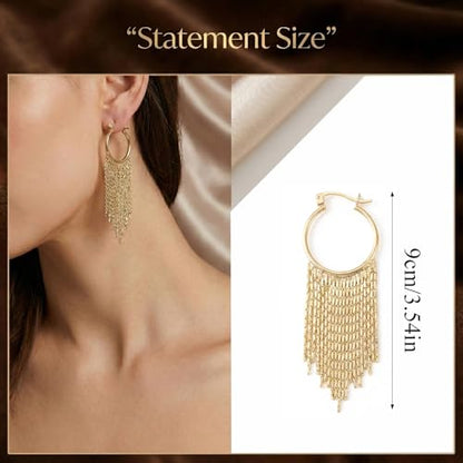 Gold Fringe Earrings for Women - Lightweight Statement Dangle Earrings with Stainless Steel Post, High Polish Long Tassel Drop Jewelry for Prom Wedding - color: Gold