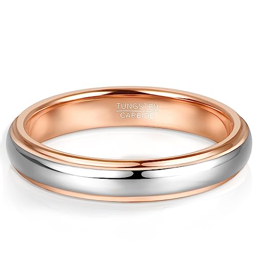 NUNCAD Men Women Tungsten Wedding Engagement Band | 4/6/8mm Two-tone Gold Silver, Domed Polished Step Edges, sizes 5-12 Wedding Band - color: 4mm-Rose Gold & Silver