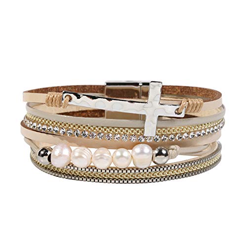 Vercret Leather Wrap Bracelet for Women, Multi-Layer Cuff Bangle | Boho Stacked Bracelets with Safe Clasp Western Bangle Jewelry Gift for Lady and Mom Sister Friend - style: Pearl Cross Beige
