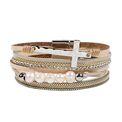 Vercret Leather Wrap Bracelet for Women, Multi-Layer Cuff Bangle | Boho Stacked Bracelets with Safe Clasp Western Bangle Jewelry Gift for Lady and Mom Sister Friend - style: Pearl Cross Beige