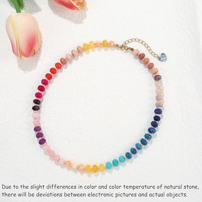 Joya Love Colorful Gemstone Beaded Necklaces For Women Trendy Rainbow Natural Stone Boho Handmade Stainless Steel Waterproof Strand Necklaces Jewelry For Women Gift - color: Red Blue