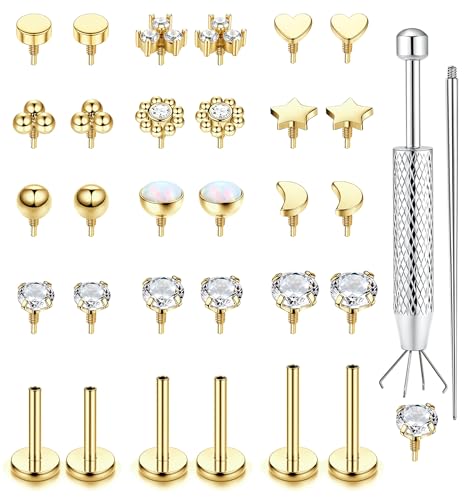 LOLIAS 16G 18G Flat Back Stud Earrings for Women - Hypoallergenic Surgical Steel Internal Thread Stud Piercing Jewelry for Tragus Helix Cartilage Conch Nose 6MM 8MM 10MM Lip Labret Medusa Piercing - color: 14K Gold Plated, size: 18G-6mm/8mm/10mm Bar