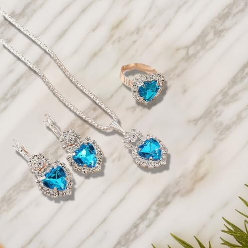 Jewelry Set for Women Love Heart Alloy Artificial Crystal Earrings Pendant Necklace Ring Wedding Party Prom Anniversary Birthday Engagement for Bridal Bridesmaid Girlfriend - color: blue Heart