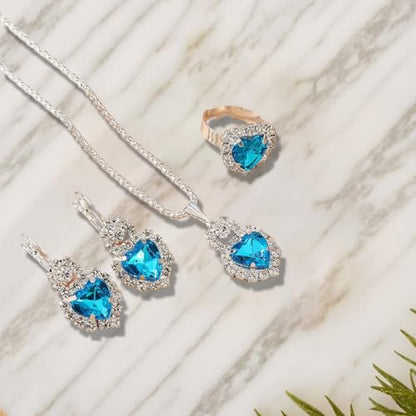 Jewelry Set for Women Love Heart Alloy Artificial Crystal Earrings Pendant Necklace Ring Wedding Party Prom Anniversary Birthday Engagement for Bridal Bridesmaid Girlfriend - color: blue Heart