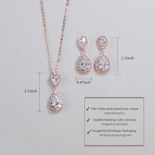Bridal Jewelry Set for Women, Cubic Zirconia Teardrop Bride Bridesmaid Necklace and Earrings Set for Wedding Prom Formal - color: Rose Gold