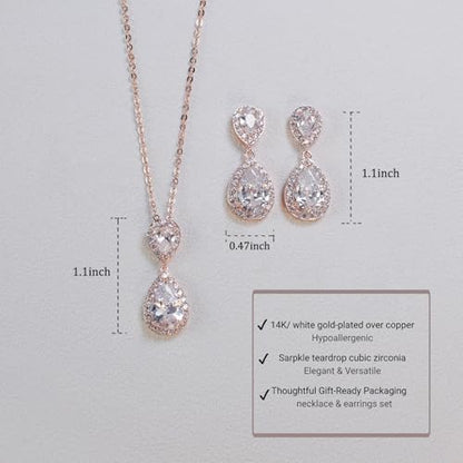 Bridal Jewelry Set for Women, Cubic Zirconia Teardrop Bride Bridesmaid Necklace and Earrings Set for Wedding Prom Formal - color: Rose Gold
