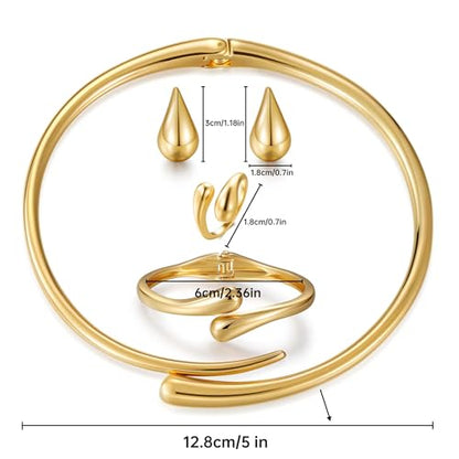 4 Pcs Chunky Gold Jewelry Set for Women, 14K Gold Plated Cuff Choker Collar Necklace, Teardrop Drop Earrings, Teardrop Wrap Ring, Hinged Cuff Bangle Bracelets, Statement Fashion Jewelry - color: Gold