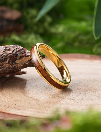 THREE KEYS JEWELRY Tungsten Wedding Band Koa wood Inlay Black Domed | 4mm, 6mm, 8mm, Everyday Wear, Black, Domed, Koa wood inlay - color: Gold+Hawaiian Wood 4mm