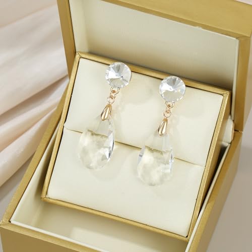Round and Teardrop Crystal Stud Dangle Earrings Hypoallergenic Gold Plated Birthstone Drop Earrings Trendy Evening Prom Pageant Jewelry Gift for Women - color: clear