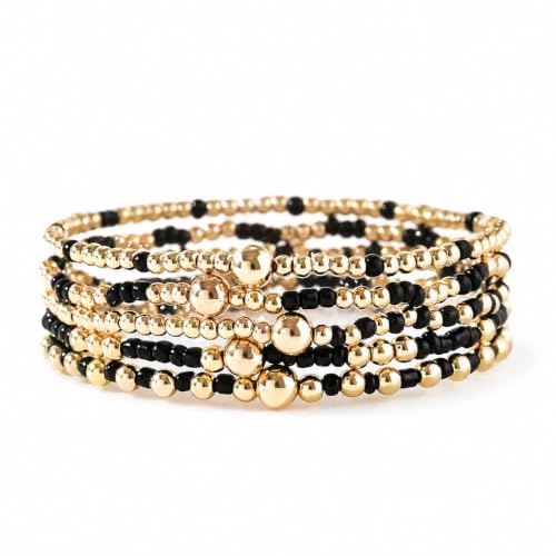 LOTSOF Bohemia Multilayer Beaded Bracelet Set, Turquoise Resin Colorful Surfer Heishi Style Elastic Spring Clasp Friendship Elastic Wristbands Summer Beach Boho Vacation Jewelry - color: Black