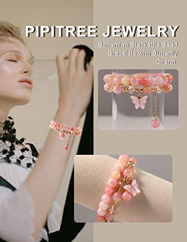 10Pcs Beaded Crystal Bracelets for Women, Bohemian Stackable Bead Bracelets with Butterfly Charm Multilayered Bracelet Pack Handmade Jewelry