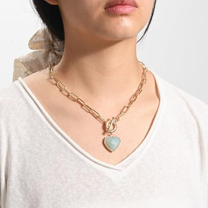 14K Gold Plated Two Sides Carved Stone Heart Shape Necklace for Women Love Pendant Necklace Jewelry for Daily and Gifts - color: Amazonite