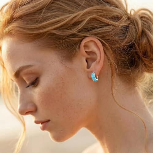 Gokeey Cubic Zirconia Hoop Earrings for Women, Sterling Silver Plated Small Huggie Hoops CZ Pave Chunky Thick Earrings Non Tarnish Hypoallergenic Lightweight Jewelry April Birthstone Gifts - color: Turquoise-Silver