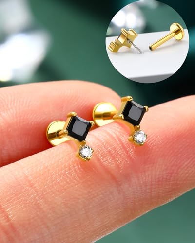 COCHARM 16G Threadless Labret Stud Earrings Flat Back Helix, Tragus, Cartilage,Conch Piercing Jewelry Square CZ Push Pin Lobe Stud 6mm 8mm 316L Steel Silver, Gold - color: Black, size: 1.2x8mm