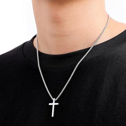 Fiusem Cross Necklace for Men, Stainless Steel Cross Pendant Jewelry Gift | Silver/Gold/Black Mens Cross Necklaces with 2.5mm Cross Chain, Box Chain 16-28 Inch - size: 24.0 Inches, style: Small silver cross: 1.2" * 0.7"