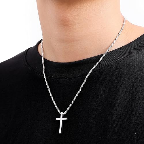 Fiusem Cross Necklace for Men, Stainless Steel Cross Pendant Jewelry Gift | Silver/Gold/Black Mens Cross Necklaces with 2.5mm Cross Chain, Box Chain 16-28 Inch - size: 26.0 Inches, style: Small silver cross: 1.2" * 0.7"