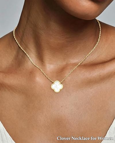 Clover Jewelry Set 3 PC - 18K Gold Plated Stainless Steel Y Necklace Four Leaf Pendant, Clover Bracelet Charm, 4leaf Earrings, Hypoallergenic Non-Tarnish, Lucky Jewelry Gifts for Women Mom - color: White/Gold