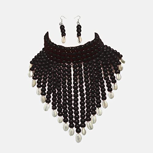 COLORFUL BLING Chunky Wooden Beaded Seed Bib Collar Necklace Boho Layered Africa Wood Shell Strand Choker Necklace Jewelry Set for Women - color: black