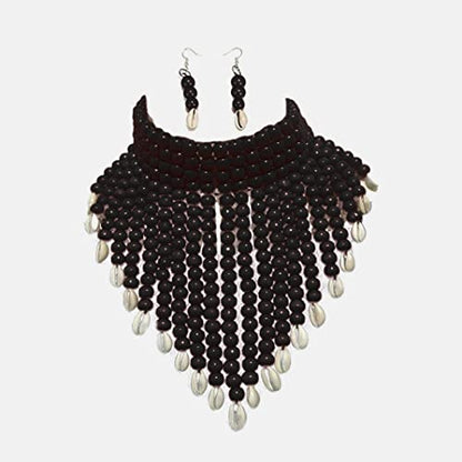 COLORFUL BLING Chunky Wooden Beaded Seed Bib Collar Necklace Boho Layered Africa Wood Shell Strand Choker Necklace Jewelry Set for Women - color: black