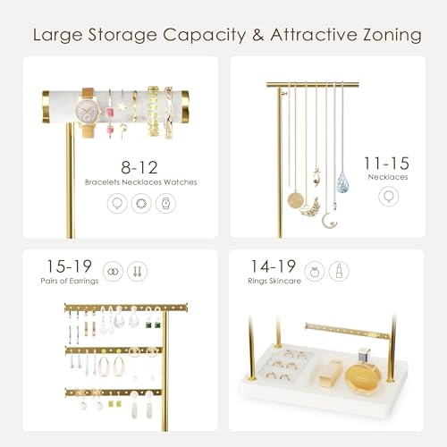 SZQINJI 5 Tier Jewelry Holder Organizer, Gold Necklace Stand Display, White | Velvet Bracelet Holder, Adjustable Height Jewelry Display for Necklaces, Bracelets, Earrings, Rings, Gift Idea for Women - color: White