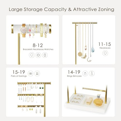 SZQINJI 5 Tier Jewelry Holder Organizer, Gold Necklace Stand Display, White | Velvet Bracelet Holder, Adjustable Height Jewelry Display for Necklaces, Bracelets, Earrings, Rings, Gift Idea for Women - color: White