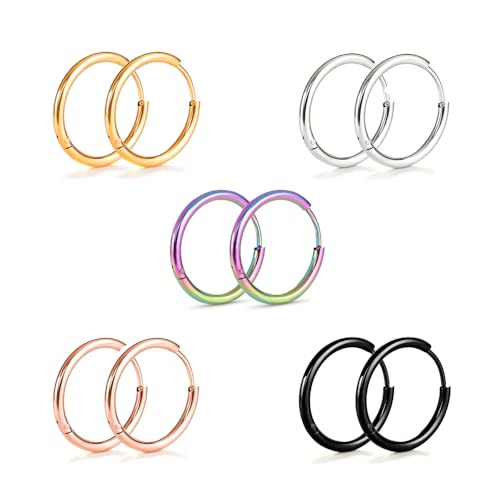 Small Gold Silver Hoop Earrings for Women Men | Stainless Steel Huggie Hoops Earring Stacks for Multiple Piercing 6mm-16mm - color: 18mm (5 Colors), 5 Pairs