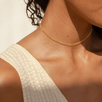CHESKY 14K Gold Plated Silver Dainty Satellite Choker Necklace for Women | Layered Beaded Chain Necklace, Thin Choker Jewelry, Dainty Gold necklace, Minimalist Trendy Jewelry, Daily Gift for Women - style: 3beads-gold