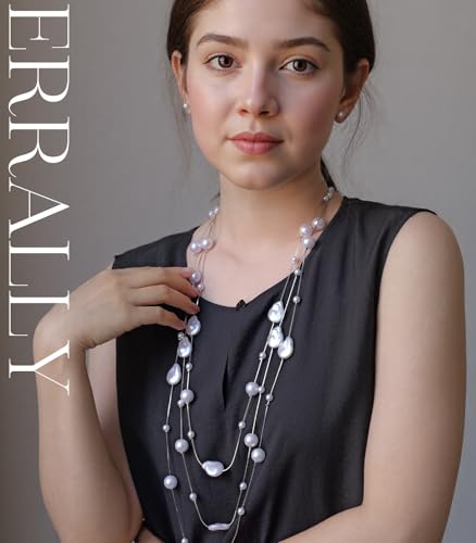 Errally Long Pearl Necklace and Earring Set Layered Pearl Beaded Necklaces for Women White Costume Jewelry Sets Gifts for Mom - color: Pear Shaped