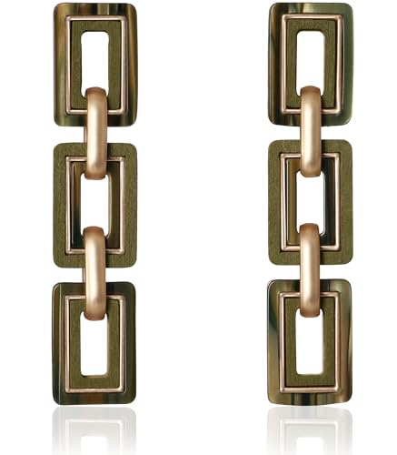 Ozel - Natural Wooden Acrylic Boho Drop Dangle Earrings for Women - Geometric Statement Jewellery - Brown, Black, Magent Red, Olive Green, White beige - color: 3Square_Olive