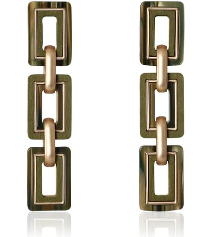 Ozel - Natural Wooden Acrylic Boho Drop Dangle Earrings for Women - Geometric Statement Jewellery - Brown, Black, Magent Red, Olive Green, White beige - color: 3Square_Olive