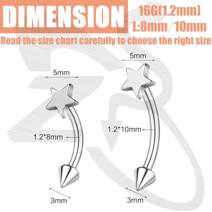 ZS 2 Pairs Stainless Steel Eyebrow Rings, 16G Curved Belly Rings Navel Barbell Helix Daith Tragus Earrings, 8/10mm Spike Vertical Labret Lip Piercing Jewelry - color: Silver,Star-L:8/10mm