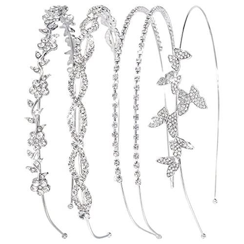 Wecoe 4 Pack Silver Rhinestone Headband Flower Girl Bridal Wedding Headband Crystal Headpiece Flower Leaf Butterfly Metal Hairband Girls Hair Accessories For Women Girls Gifts | Sparkling crystal silver headbands, perfect for bridal & party looks - color: