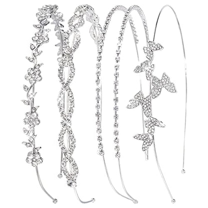 Wecoe 4 Pack Silver Rhinestone Headband Flower Girl Bridal Wedding Headband Crystal Headpiece Flower Leaf Butterfly Metal Hairband Girls Hair Accessories For Women Girls Gifts | Sparkling crystal silver headbands, perfect for bridal & party looks - color: