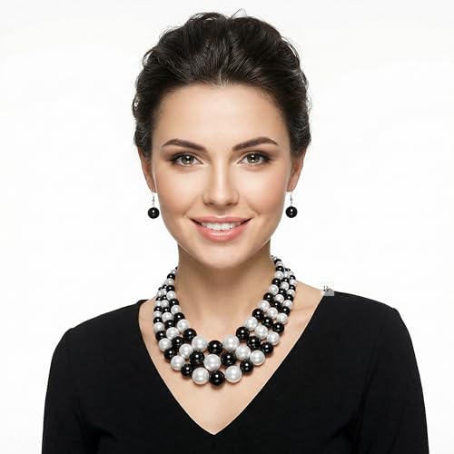 Simulated Pearl Necklace & Earring Set, Multi Strand - color: Black + White Mix