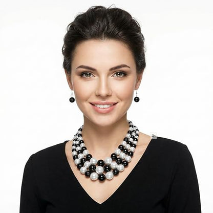 Simulated Pearl Necklace & Earring Set, Multi Strand - color: Black + White Mix