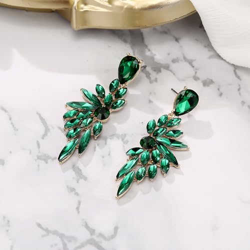 Women's Wedding Bridal Earrings Prom Dangle Earring | Shiny Crystal Teardrop Multi Marquise Cluster for Bride Bridesmaid Bling Jewelry Costume Party Accessories - color: 01-Emerald Color Gold-Tone